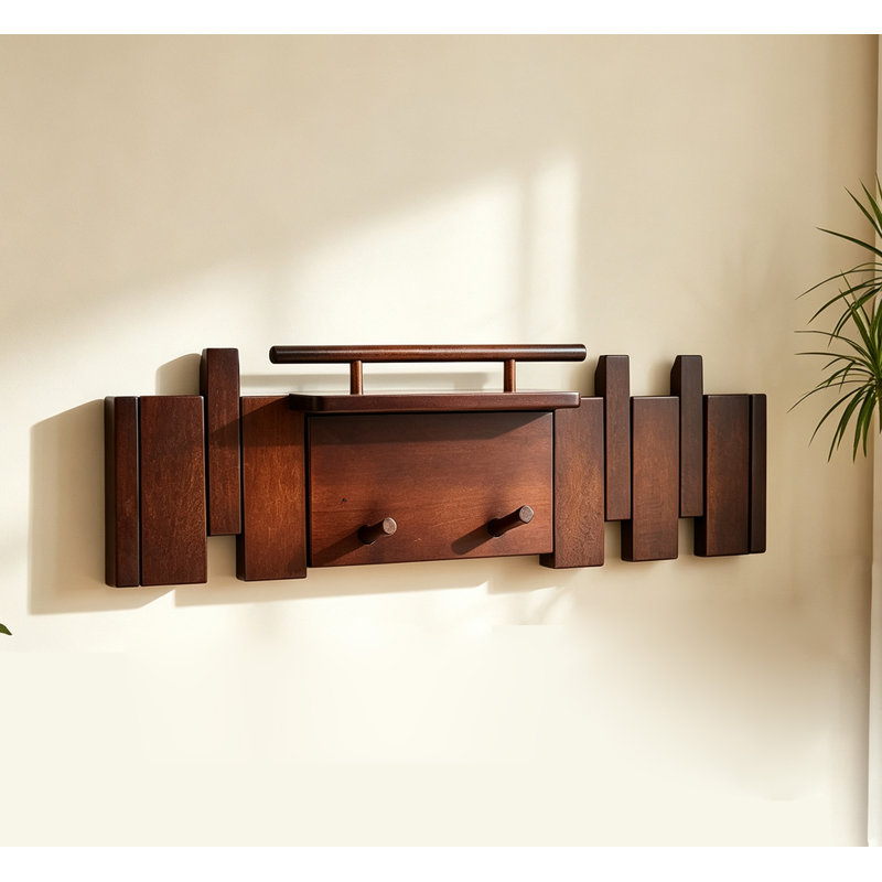 Portemanteau mural moderne en bois avec tablette, Brun