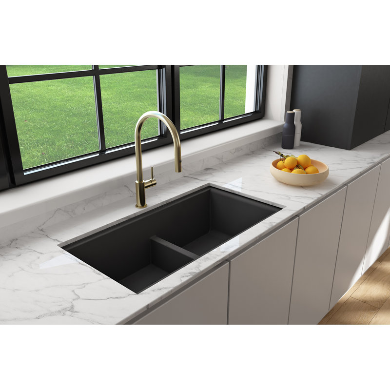 Baveno Lux 33.75'' L Dual-Mount Double Bowl Granite Kitchen Sink, Matte Black