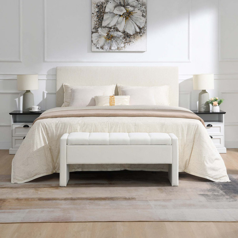 Banc de rangement moderne en lin avec repose-pieds pour chambre à coucher avec rangement spacieux et siège confortable, Beige