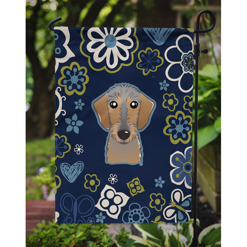 Terrier en fleurs à 2 côtés en polyester 15 x 11,5 po drapeau de jardin, Teckel (noir)
