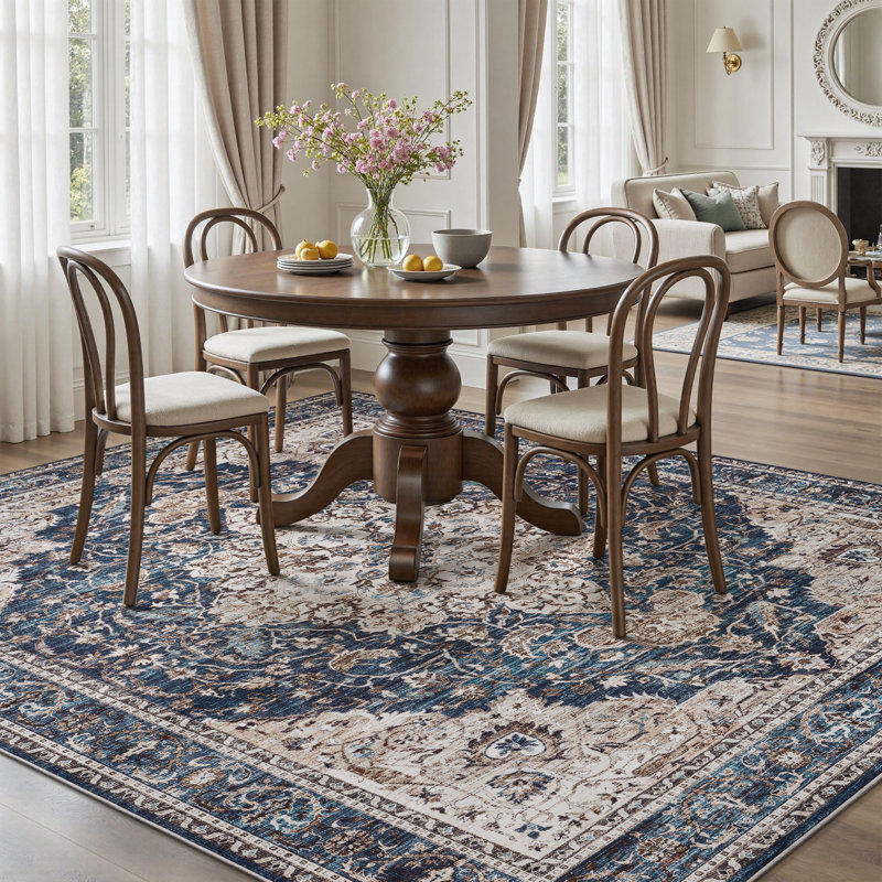 Soft Vintage Floral Non-Slip Washable Area Rug For Living Room, Bedroom Navy, Retangle 5' x 7', Blue/Beige/Ivory