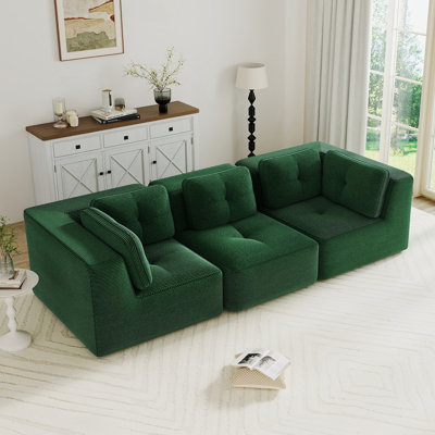 Canapé modulaire moderne pour le salon, tissu en velours côtelé, siège surdimensionné à 3 places avec siège profond, passepoil perlé, conception capitonnée, sans assemblage, conception antidérapante, vert