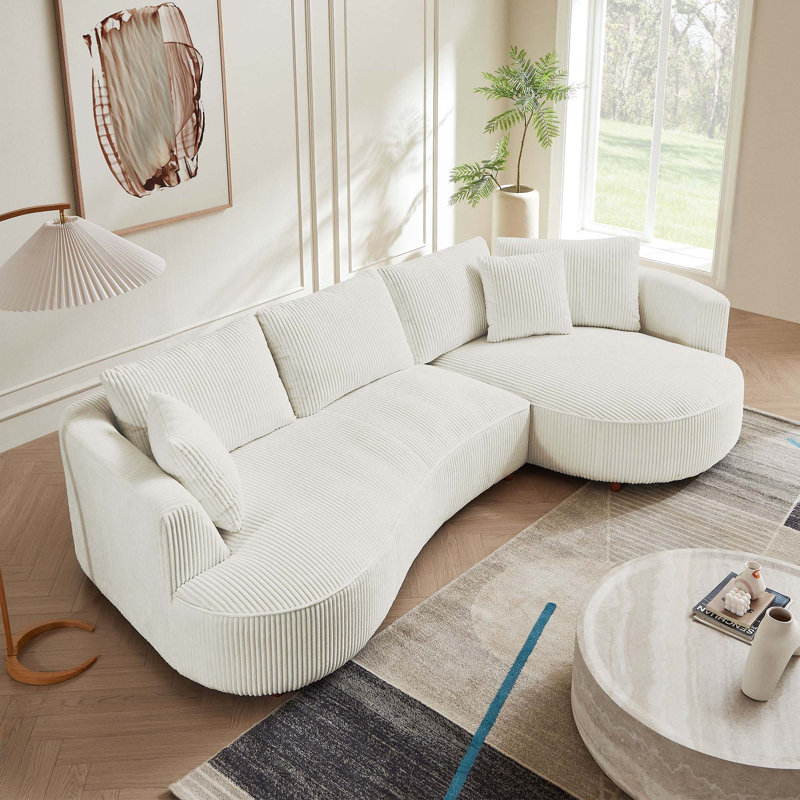 Comfortable Oversized Sectional Sofa with Plush Pillows and Durable Corduroy, White Corduroy, Right Hand Facing