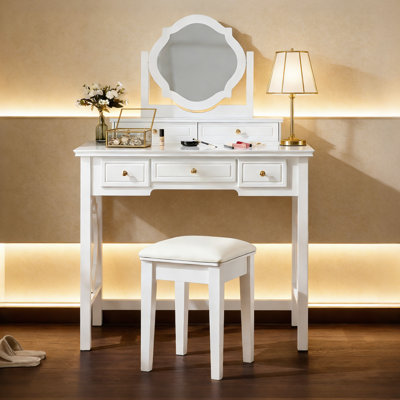 Makeup Vanity Table Set With Reversible Mirror & Stool