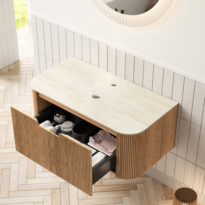 Armoire murale de 36 po avec tiroir, surface en pierre frittée romaine, teinte naturelle, abat-jour beige, contreplaqué résistant à l'eau et à la texture, texture rayée 3D sur la poignée rainurée pour faciliter l'utilisation du tiroir