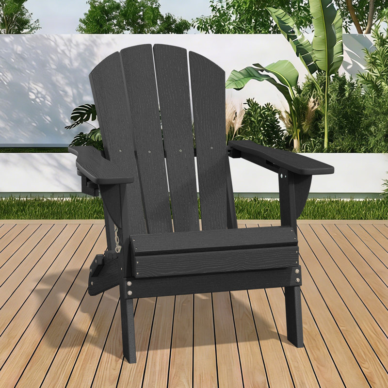 Chaise Adirondack en PEHD toutes saisons pliable avec porte-gobelet , Noir, Ensemble de 1 