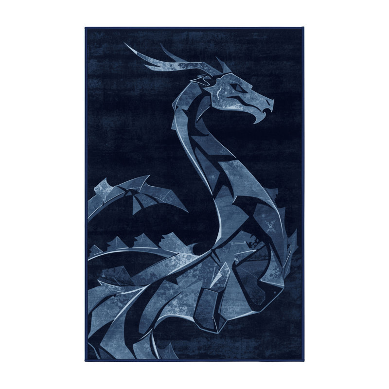 Tapis bleu moderne et contemporain lavable à la machine Dragon Chaplin, 6x9