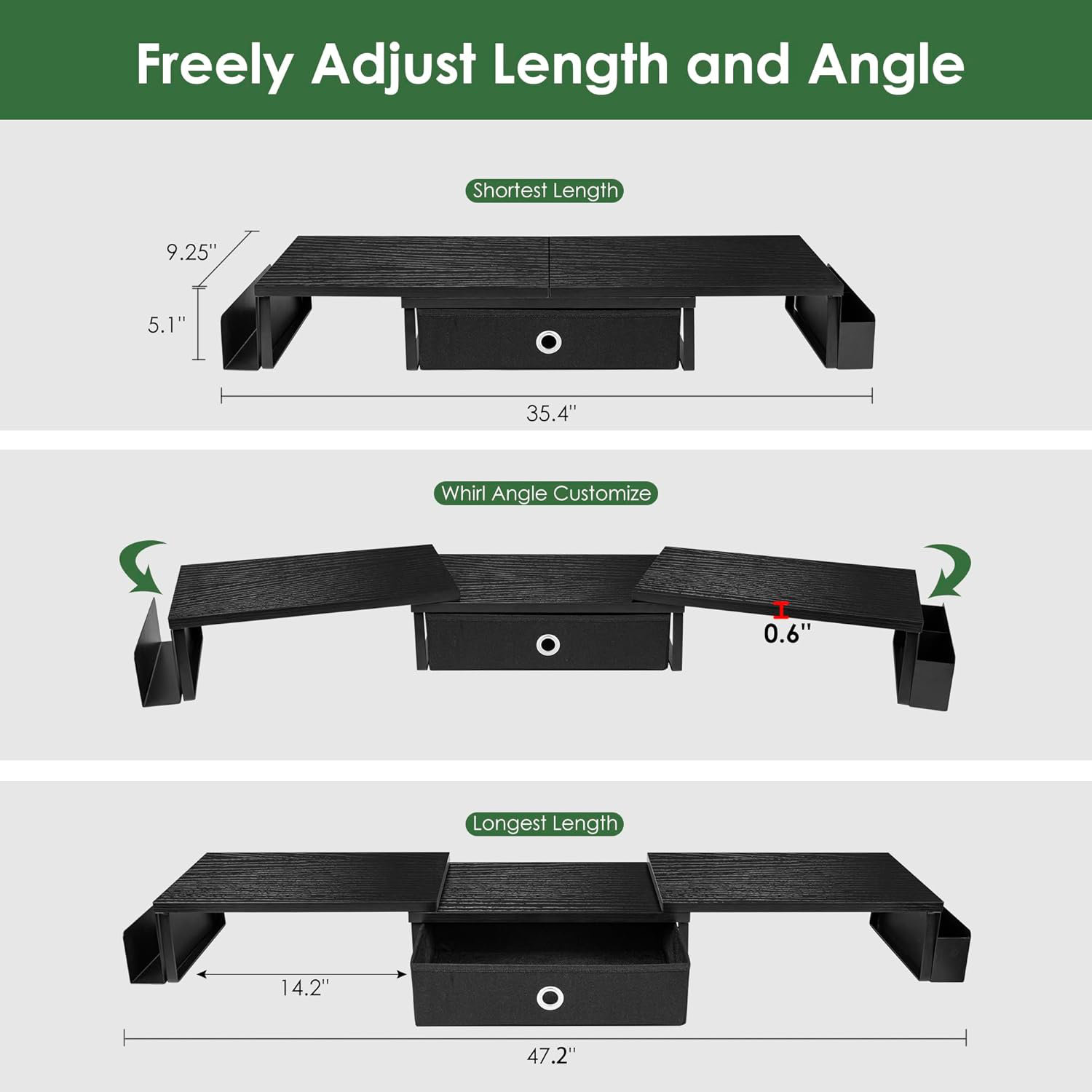 Inbox Zero Dual Monitor Stand Riser W/ Drawer & Metal Leg,Black-Dual ...