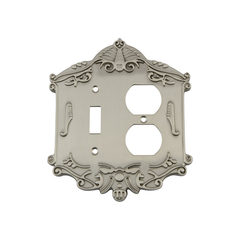 Victorian 2-Gang Duplex Outlet / Toggle Light Switch Combination Wall Plate, Satin Nickel