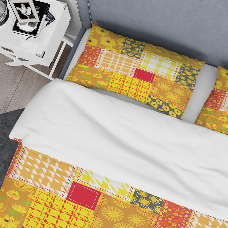 Patchwork floral jaune - ensemble de housse de couette abstrait - microfibre de polyester