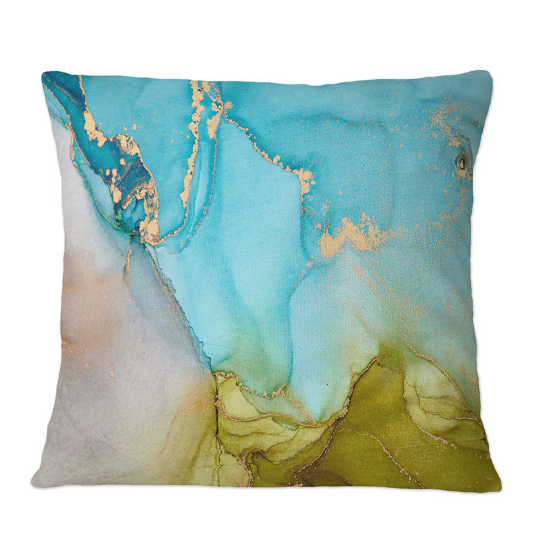 «Blue and Green Luxury Abstract Fluid Art I», coussin décoratif imprimé moderne, 16 po x 16 po