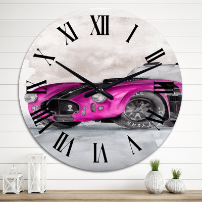 Belle vieille voiture magenta sur fond gris - horloge murale industrielle