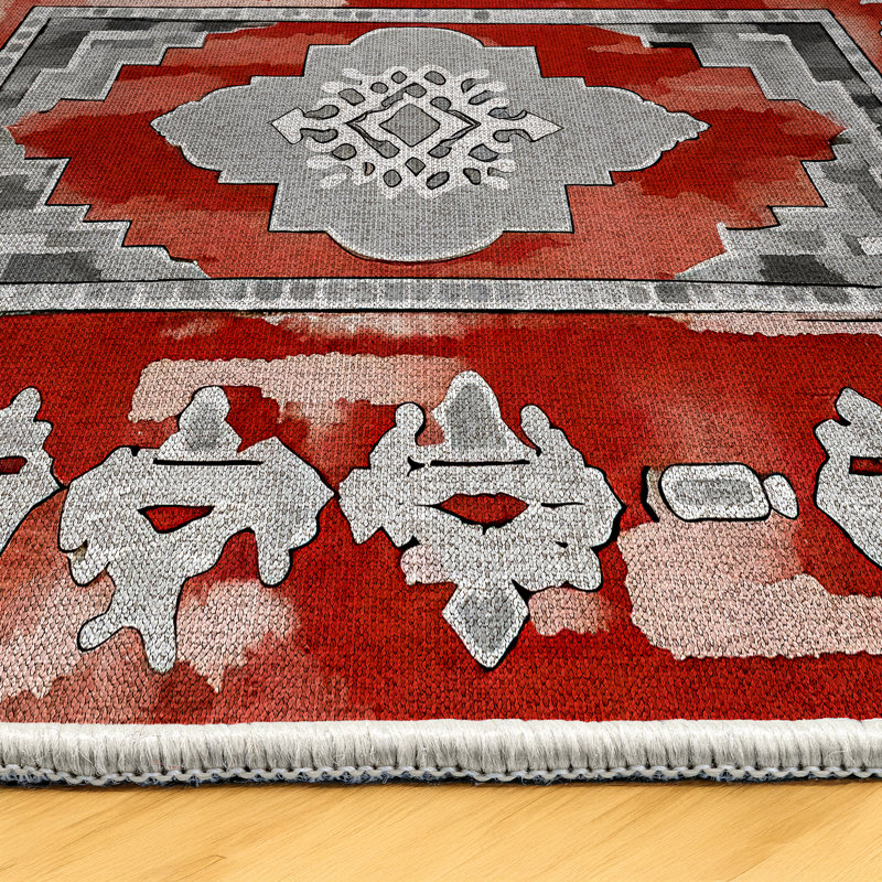 Zeira Collection Digital Print Cotton-Polyester Red Gray Moroccan Rug, Rectangle 4' x 6'7"