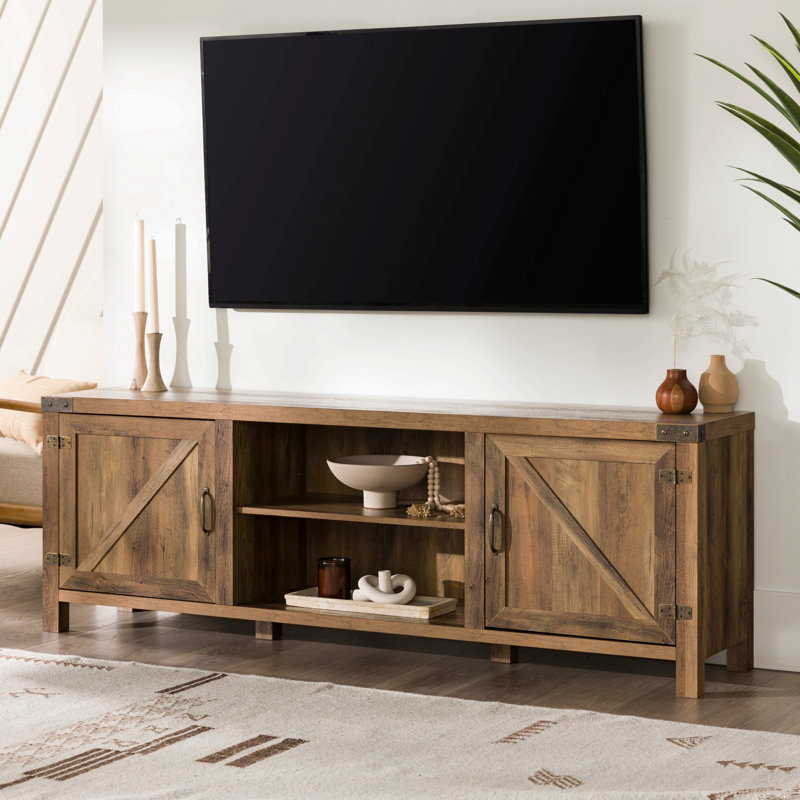 Meuble télé rustique 70 po pour 80 po avec tablettes centrales Rustic Farmhouse, Chêne