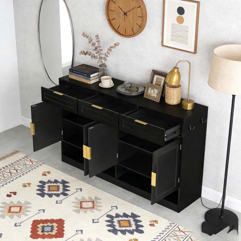 59.1" Multi-Functional Storage Buffet with Adjustable Shelf and Open Storage, Black