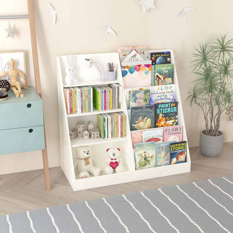 Kids Bookshelf And Toy Storage Organizer, Multifunctional 4 Tier Wooden Display Stand For Playroom And Nursery, White