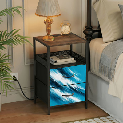  24.2" 2 - Drawer Nightstand Abstract Blue White Brush Stroke Turquoise Side Table with Charging Station Iron Frame Bedside Table