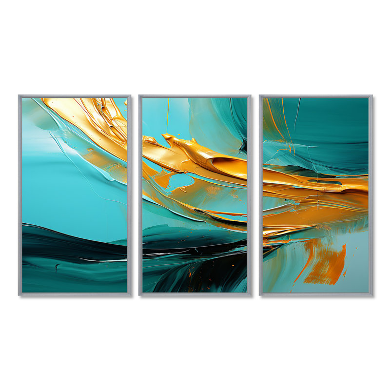 Ensemble de salon Quiet Waves Gold On Turquoise - Abstract Modern Waves, Encadrement argenté, H 40 po x l 60 po x P 1 po