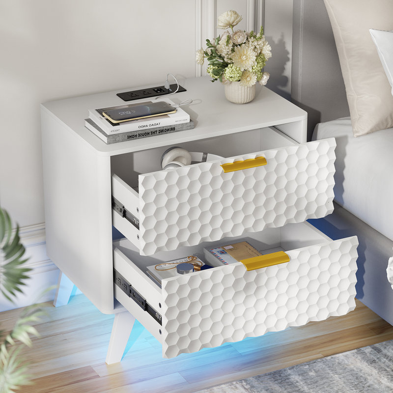 23.6'' W 2-drawer Nightstand With Built-in Outlets And Human Sensor Light, White