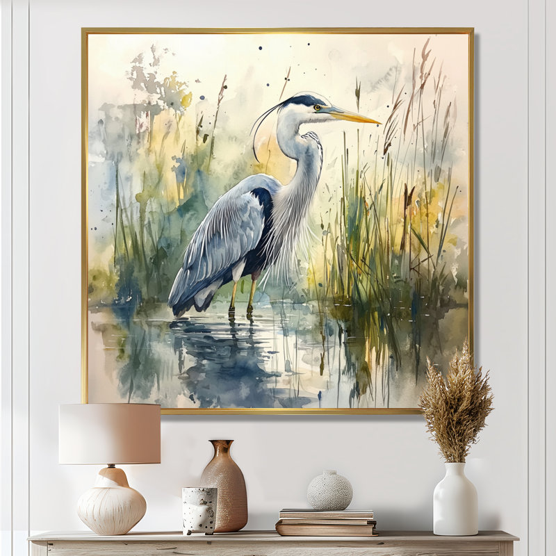 «Ayannah Heron By The Farm Lake», art mural héron, H 36 po x l 36 po, Impression encadrée flottante, Doré