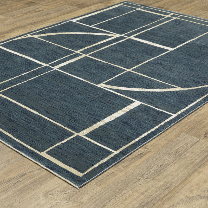 Tapis géométrique rayé bleu / ivoire Rayan, Rectangle 3 pi 3 po x 5 pi