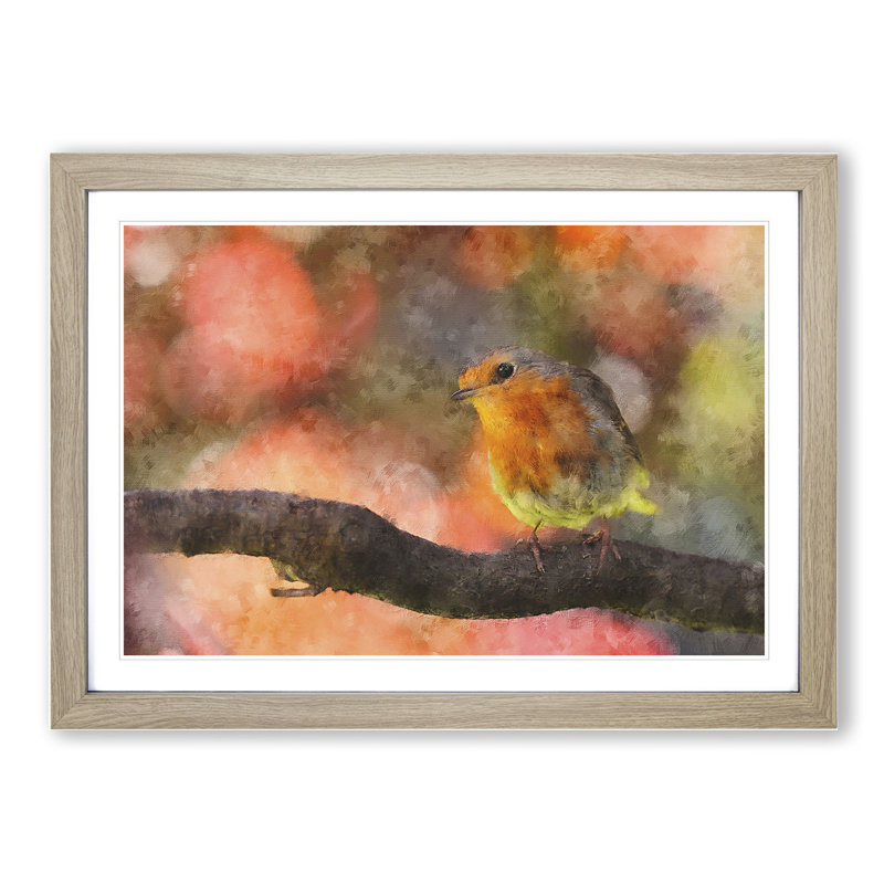 Robin Bird Vol.3 - Picture Frame Painting, 36cm H x 48cm W x 2cm D, Oak Framed