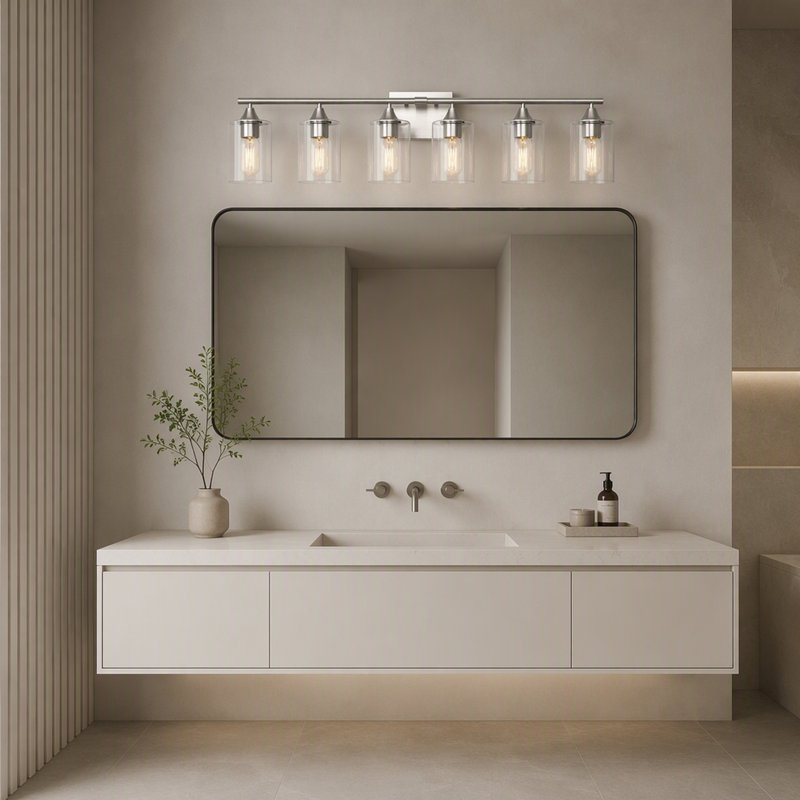 Applique murale 6 lumières en nickel nickel brossé pour salle de bain, verre cylindrique transparent, 6 lumières argent