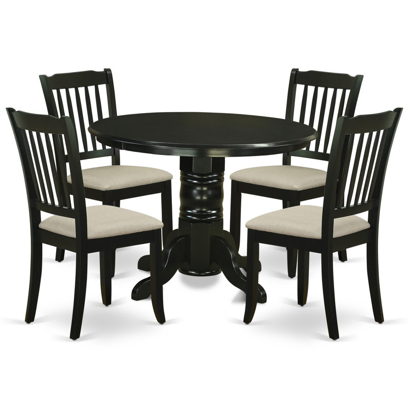 5 Piece Dinette Set for 4 Includes a Round Kitchen Table with Pedestal and 4 Linen Fabric Kitchen Dining Chairs, 42x42 Inch, Black