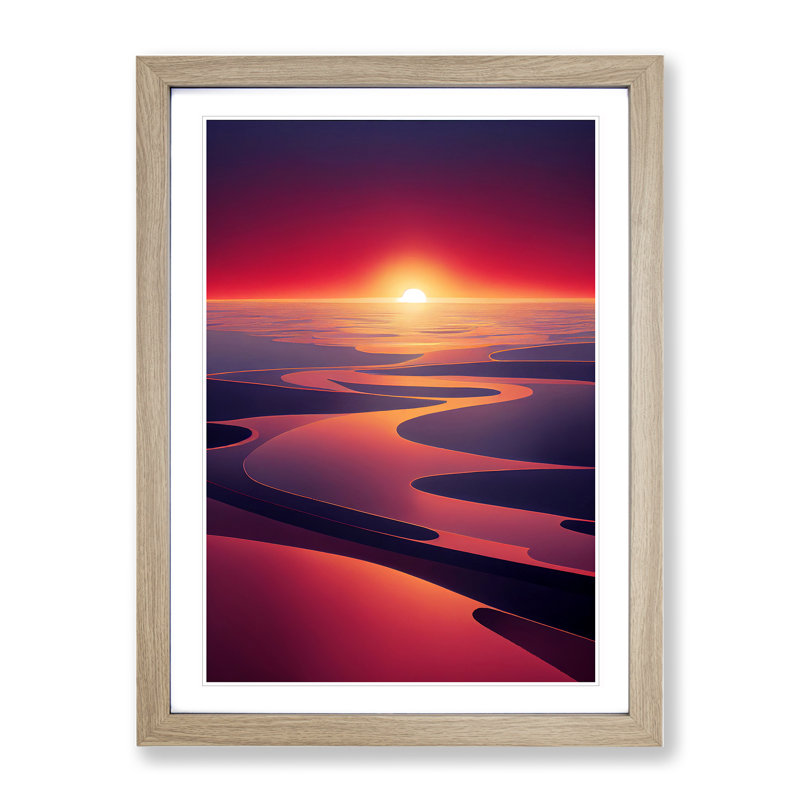 Futuristic Sunset View - Single Picture Frame Print, 34cm H x 25cm W x 2cm D, Oak