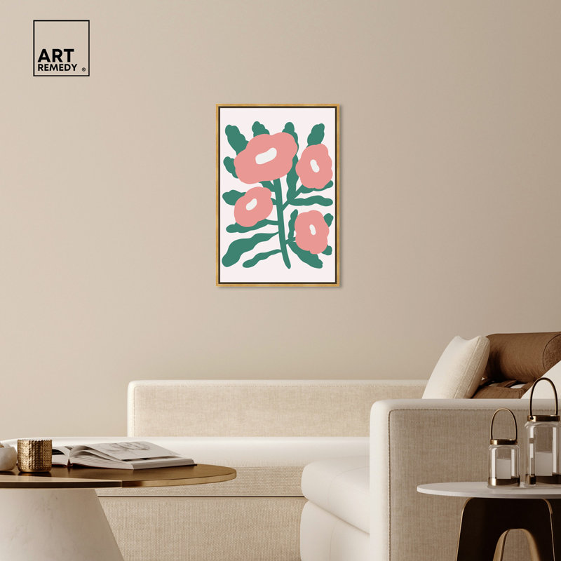 Theres Blush Flowers Pink and Green Canvas Print with Gold Frame