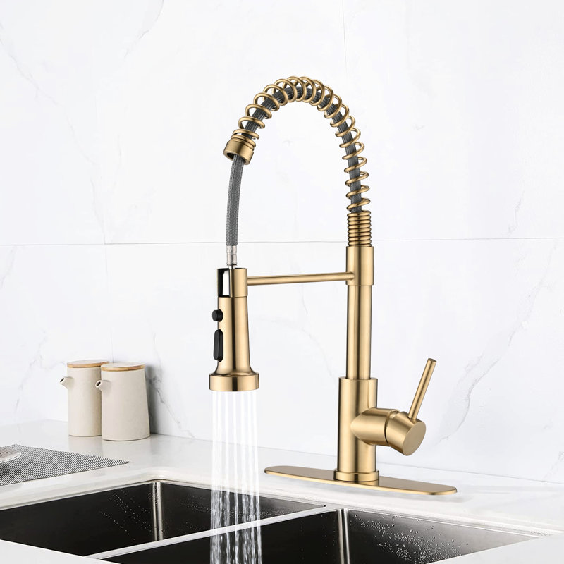 Robinet de cuisine en or brossé avec tirette escamotable, pivotant sur 360 °, évier rétractable à débit maximal de 1,8 gal / min en matériau rouille, bec de 4,72 po de hauteur