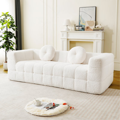 Canapé moderne désossé avec coussins décoratifs circulaires, tissu en polyester à poils longs texturé litchi doux pour la peau, tissu à carreaux