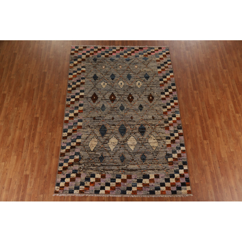 Tapis gris en laine noué à la main de conception unique 6 pi 9 po x 9 pi 8 po New Age