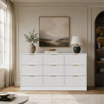 9 Drawer Dresser, 63" Large Deep Chest of Drawers, Wooden Dresser Storage Cabinet with 9 Drawers for Bedroom, Long Dressers for Living Room, Hallway, Drawer panel with wavy patterns