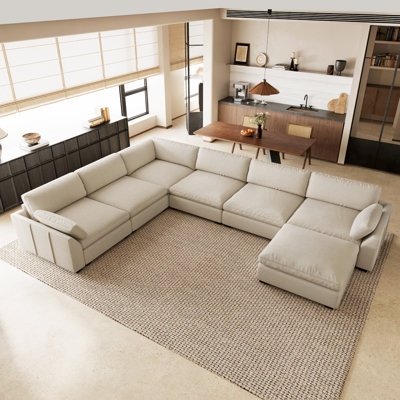 Canapé d'angle 5 places en chenille imperméable avec pouf et siège d'angle