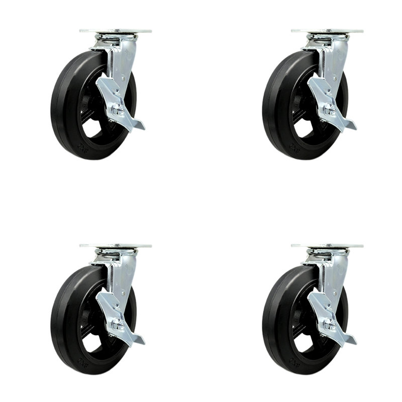 8 Inch Rubber on Steel Swivel Caster Set with Roller Bearings and Brakes SCC