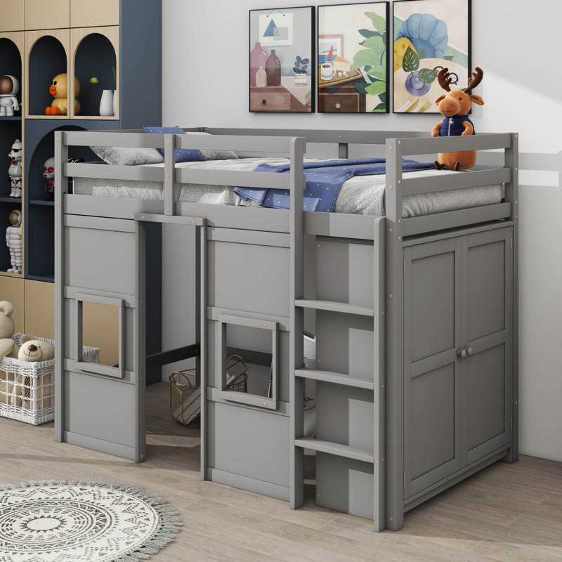 Lit mezzanine simple en bois avec garde-robe de rangement intégré et 2 fenêtres Îleigh, gris
