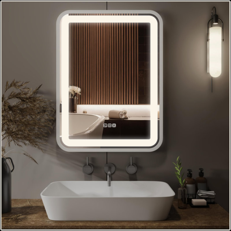 Miroir de salle de bain pour salle de bain avec lumière pour mur Miroir de maquillage à cadre DEL intelligent pour l'évier à intensité variable 3 couleurs avec fonction de mémoire anti-buée verticale et horizontale