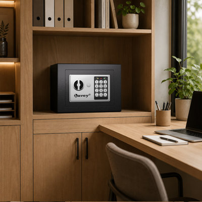 Mini Safe Box with Digital Keypad, 0.23 Cub Small Hidden Steel Security Lock Box with Key, 9.05" W x 6.69" D x 6.69" H, for Jewelry Gun Cash Use Storage money (Black & Silver Finish)