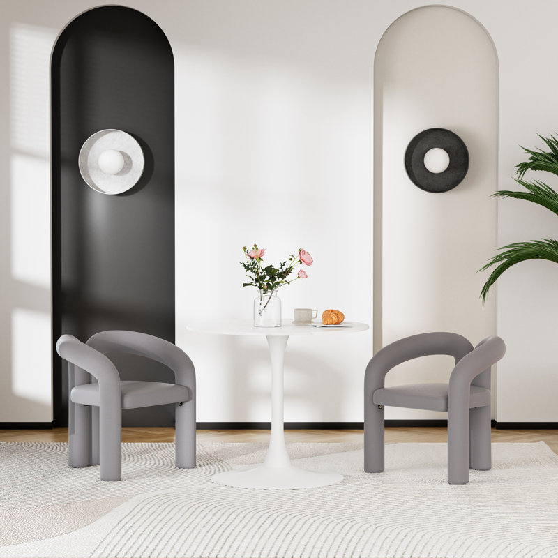 3-Piece Dining Table Set,Pedestal Dining Table With 2 Barrel Side Chairs, White, Gray