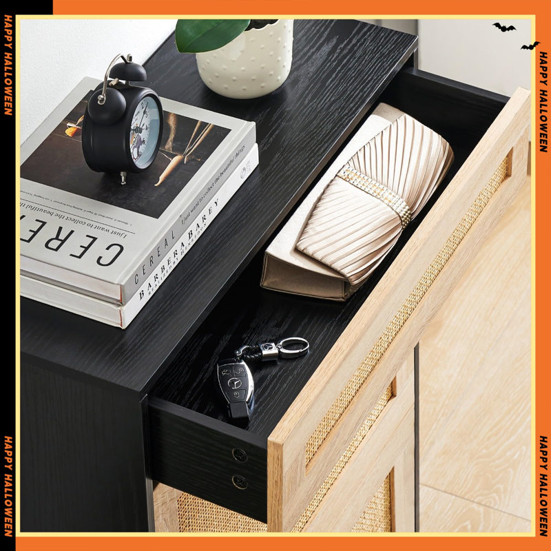 Armoire à chaussures en rotin naturel, étagère à chaussures à 2 portes rabattables avec tiroir, Noir/chêne
