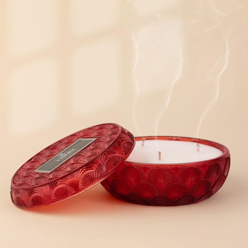 Bougie parfumée en pot avec support en verre, Rouge