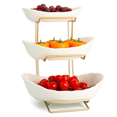 3-Tier White Gold Ceramic Fruit Bowl - Countertop Fruit Rack for Fruits, Veggies, Snacks, Nuts & Bread