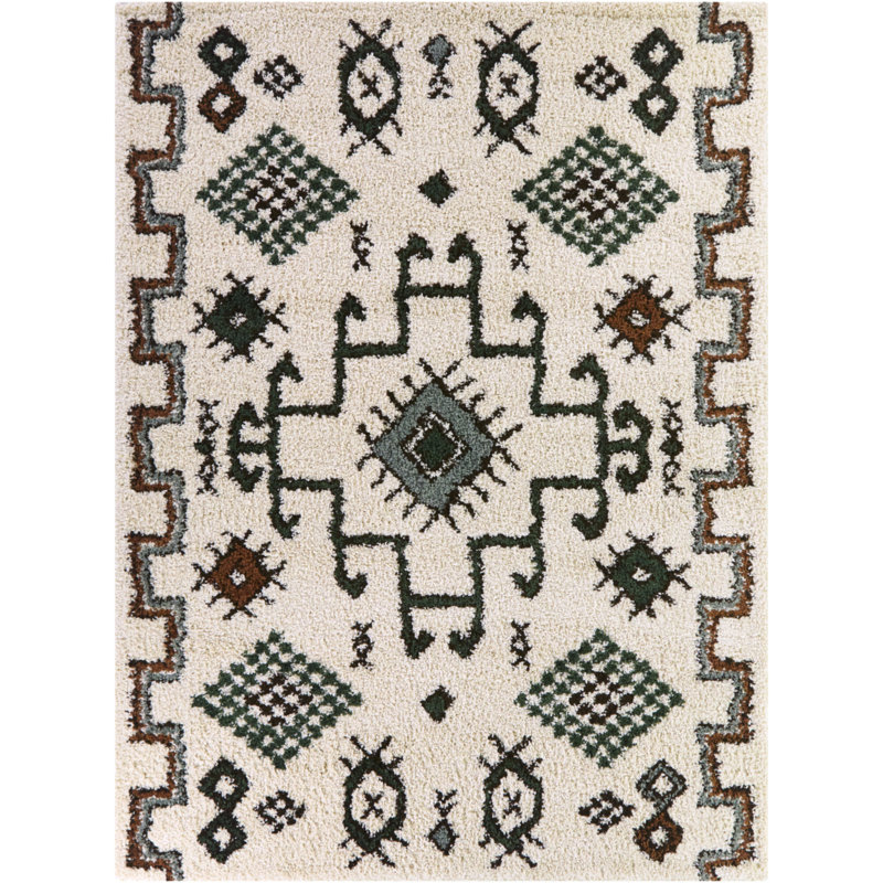 Felipe Green Southwestern Shag Area Rug, Rectangle 5'3" x 7'