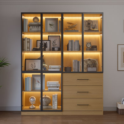 78" LED Boocase with Glass Doors and 3 Drawer (Oak)