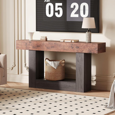 63" Farmhouse Entryway Table with Storage & Charging Station, 2-Tier Narrow Console Table for Hallway Living Room