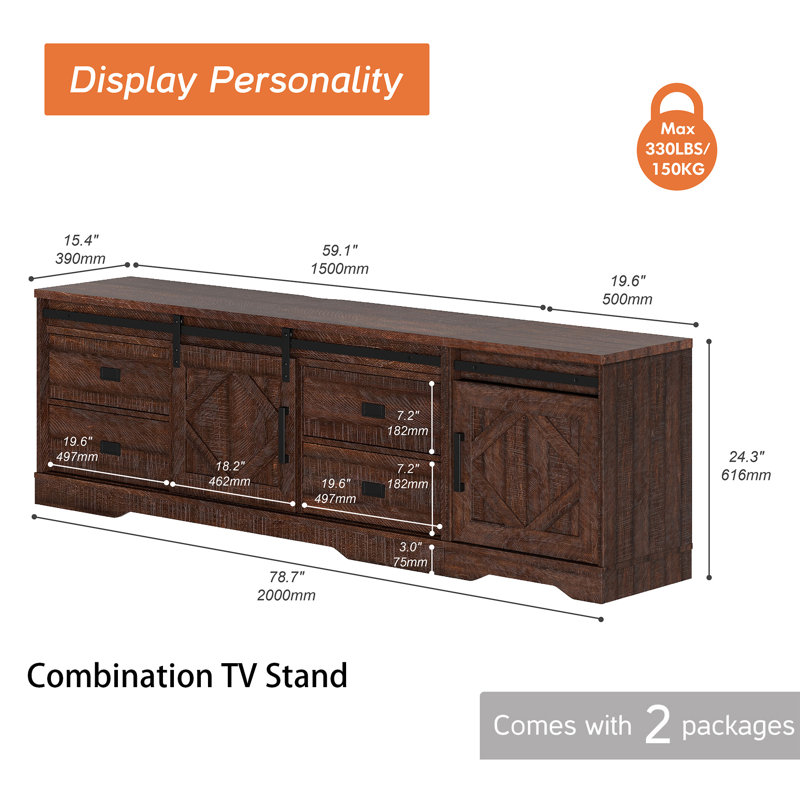 Kenwith 2 in 1 TV Console for TVs up to 85", Rustic Brown