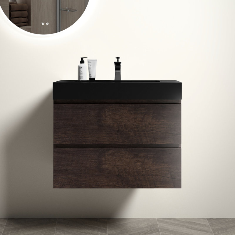 Meuble-lavabo de 30 po avec finition noyer, un lavabo noir, trois tiroirs muraux, 45 tiroirs inclinés, coulissants,