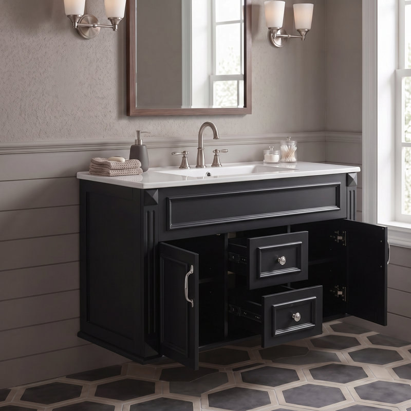 Meuble-lavabo mural noir 36 po avec lavabo en céramique, 2 portes et 2 tiroirs, Black