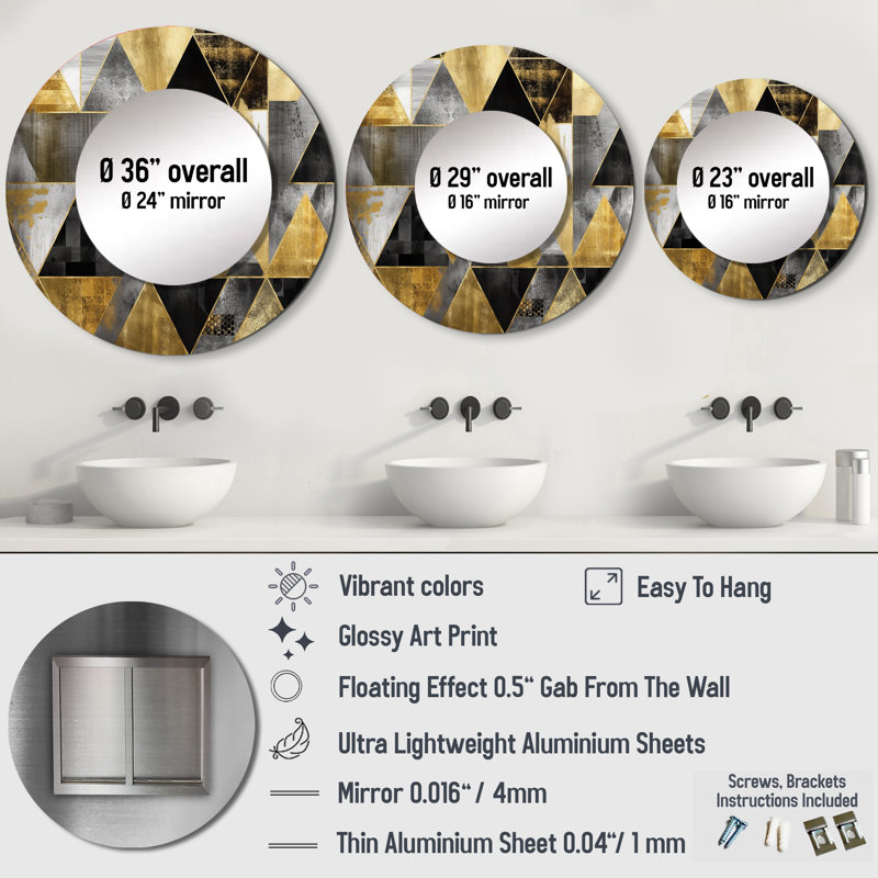 Okkel Gold géométrique ordre II - grand miroir géométrique, miroir mural rond doré, art imprimé en métal, 23 po x 23 po